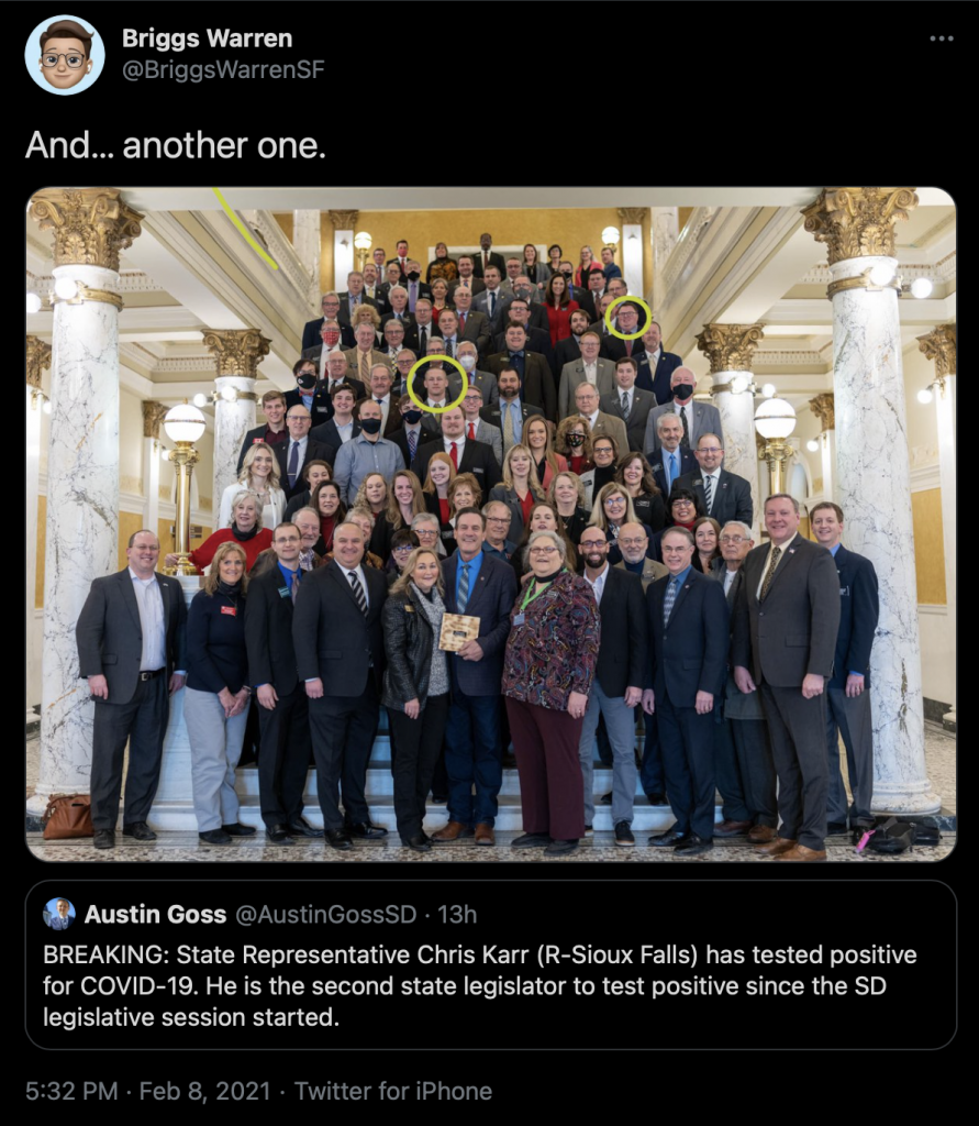 Photo of Republican state officials and legislators, highlihgting maskless Reps. Aaron Aylward (left) and Chris Karr (right); posted by Briggs Warren, Twitter, 2021.02.08.