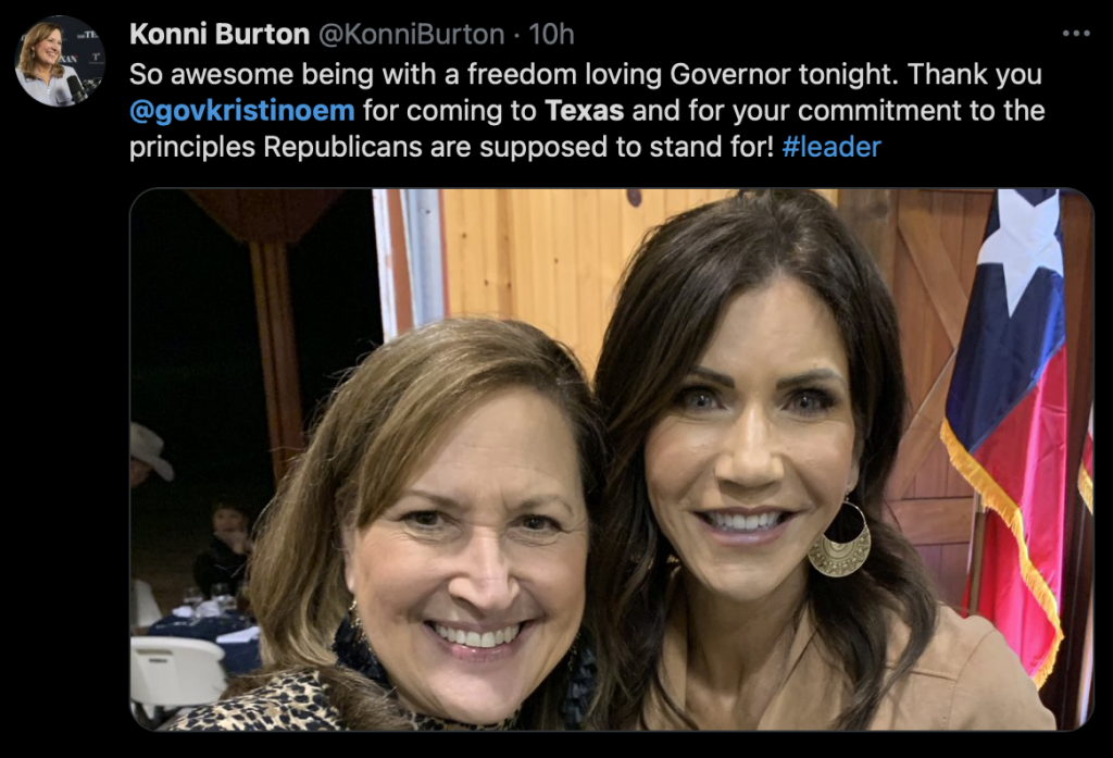 Former Texas State Senator Konni Burton, tweet, 2021.02.26.