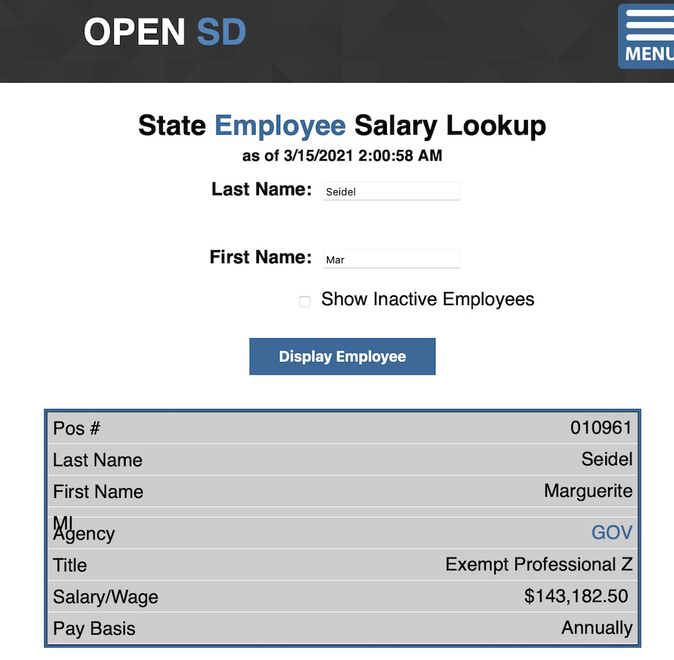 SD State Employee Salary Lookup, Marguerite Seidel, Open.SD.Gov, screen cap 2021.03.15.