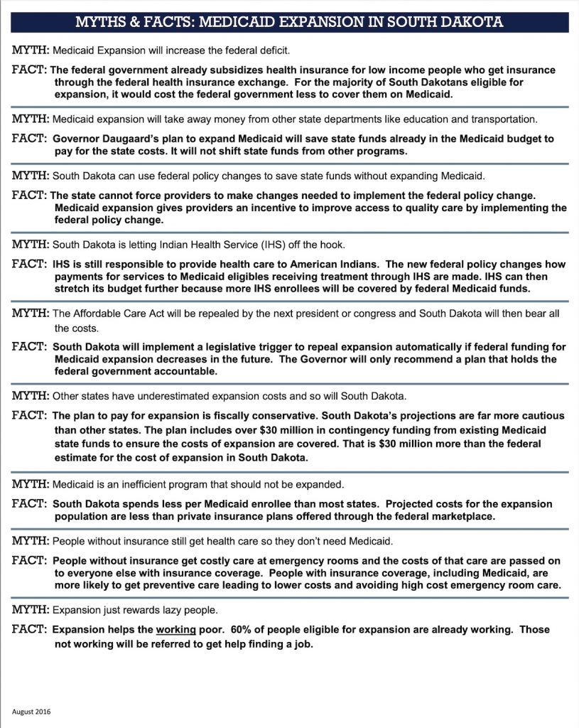 Myths & Facts: Medicaid Expansion in South Dakota; posted to SD Boards and Commissions website August 2016; document properties indicate authorship by Sarah Aker, Department of Social Services.