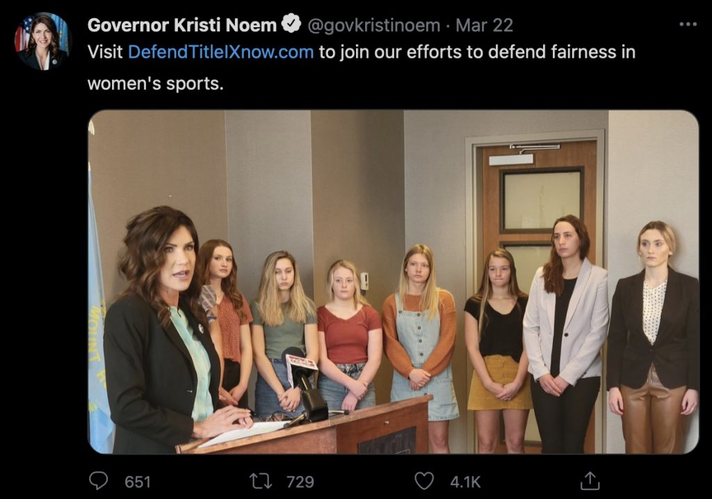 Gov. Kristi Noem, tweet from Sioux Falls, SD, 2021.03.22.