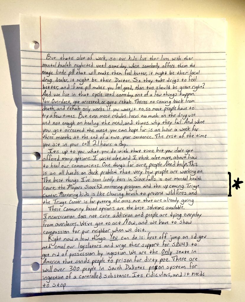 Samuel Lint, Inmate # 16334, letter to Dakota Free Press, 2021.02.24, p. 2; received by DFP 2021.03.01.