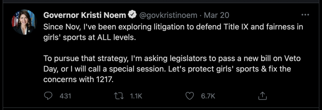 Gov. Kristi Noem, tweet, 2021.03.20.