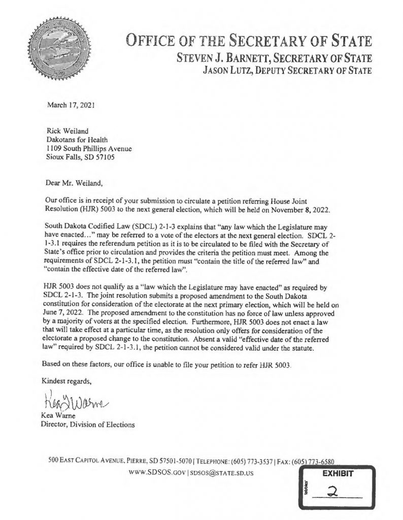 Kea Warne, Secretary of State's Office, rejection letter to Rick Weiland, referendum sponsor, 2021.03.17.