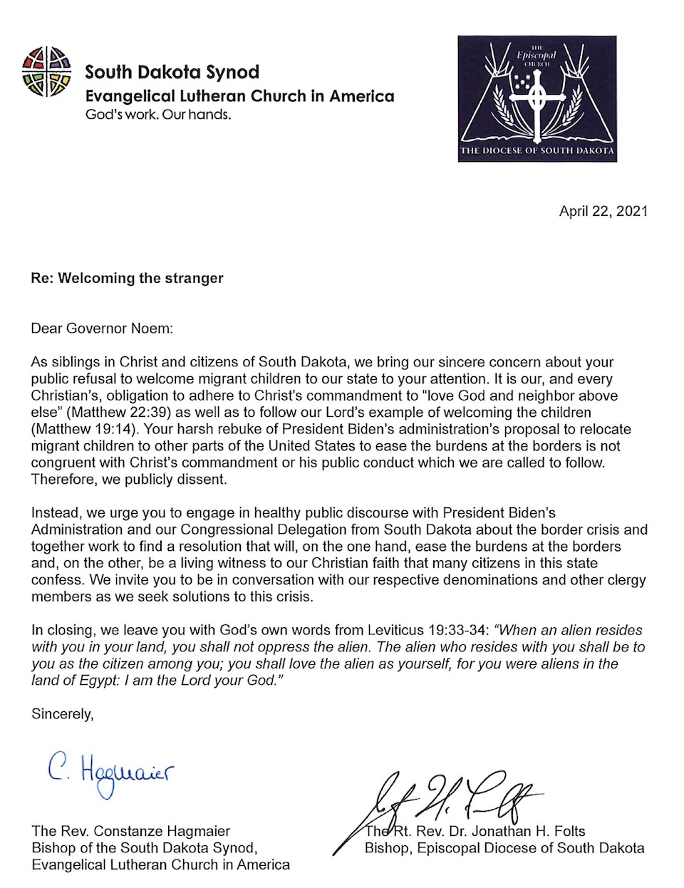 Rev. Constanze Hagmeier, Bishop of the South Dakota Synod of the Evangelical Lutheran Church in America, and Rev. Jonathan H. Folts, Bishop of the Episcopal Diocese of South Dakota, open letter to Gov. Kristi Noem, 2021.04.22.