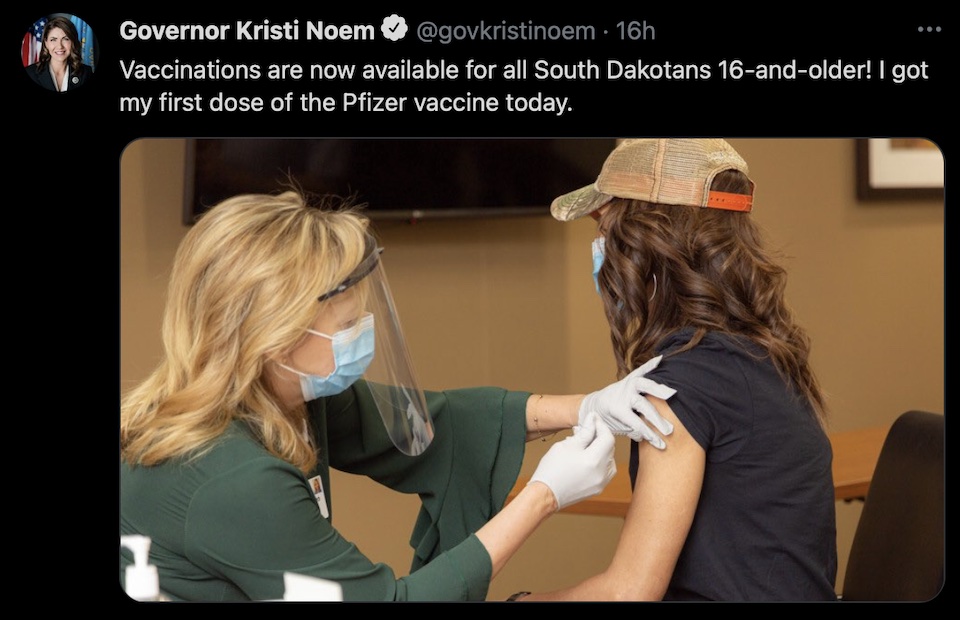 Gov Kristi Noem, vaccine tweet, 2021.04.05.