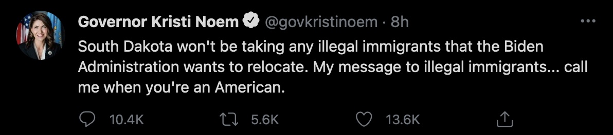 Gov. Kristi Noem, morning tweet, 2021.04.14