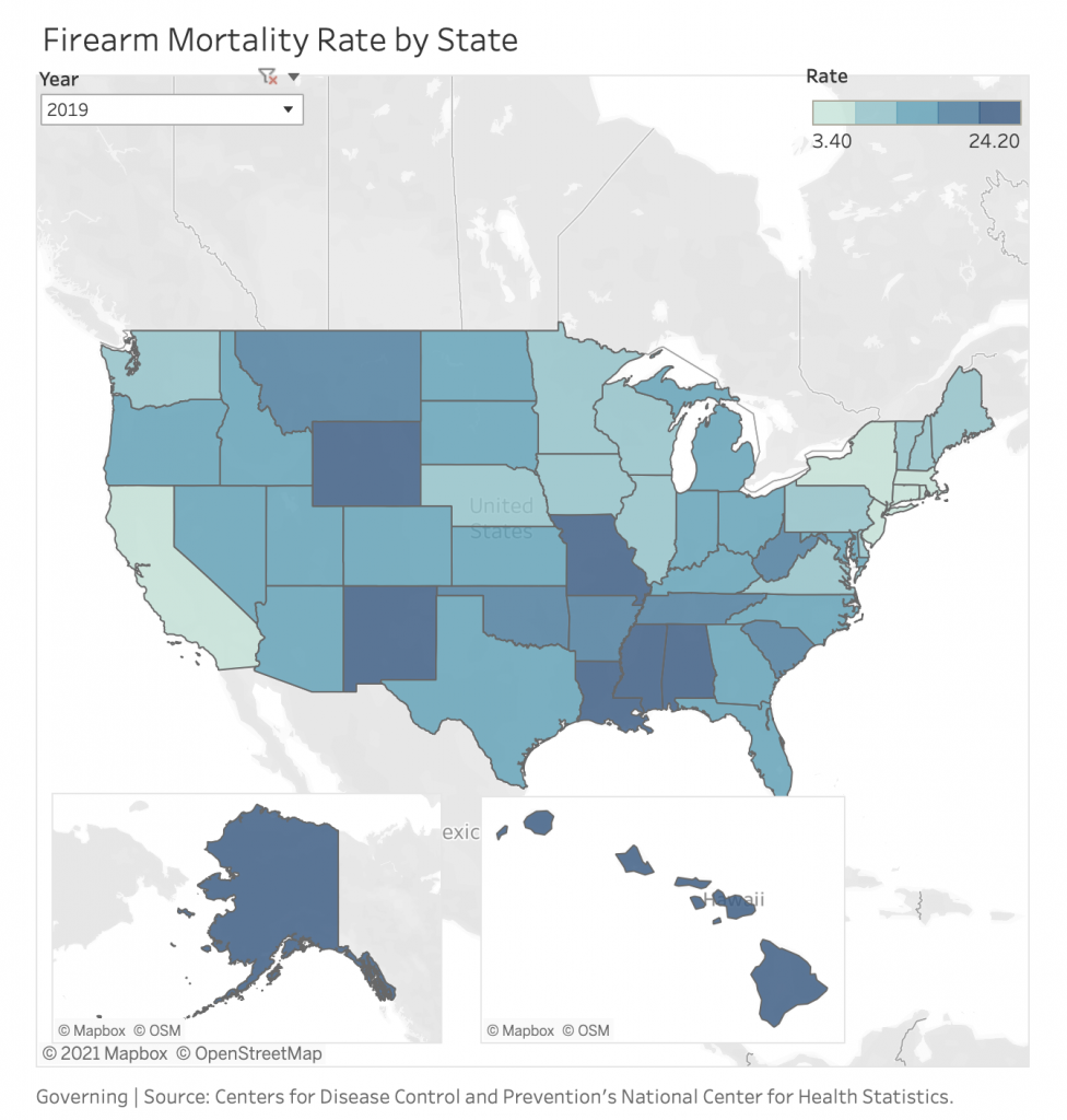 "Firearm Mortality Rate, Deaths by State: Map," Governing, 2021.03.24.