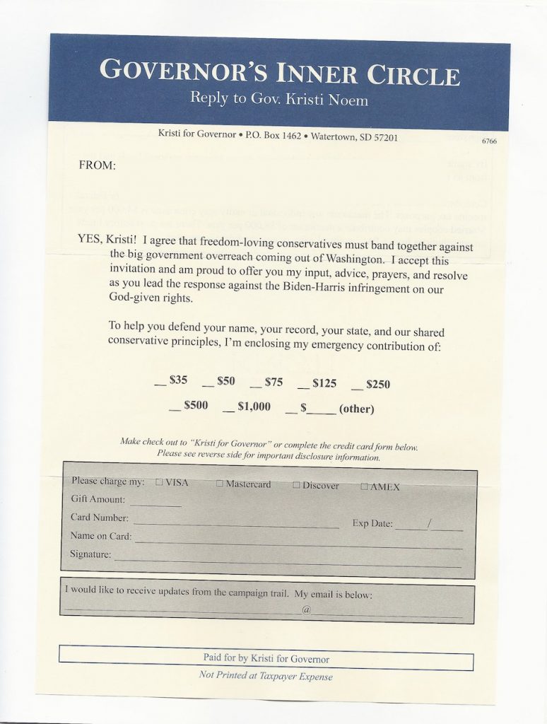 Kristi Noem campaign letter, donor response sheet, recipient redacted, received by DFP reader 2021.05.01