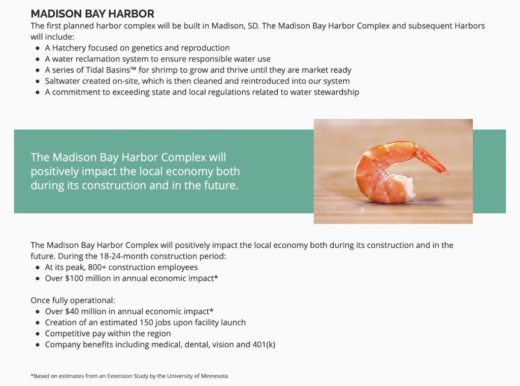 Tru Shrimp, information on proposed Madison Bay Harbor shrimp farm, screen cap from company website, 2021.05.04.