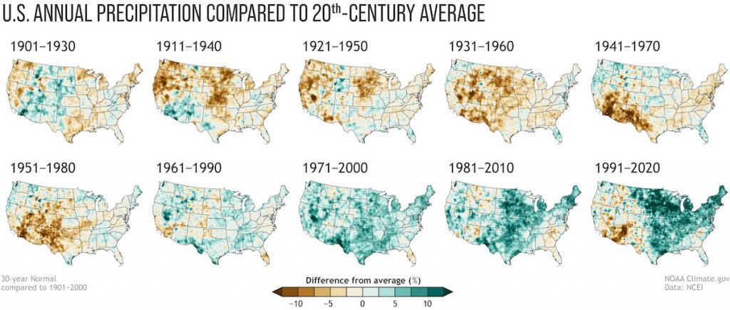 Rebecca Lindsey, U.S. Annual Precipitation Compared to 20th-Century Average, "Climate Change and the 1991–2020 U.S. Climate Normals," NOAA, 2021.04.19.