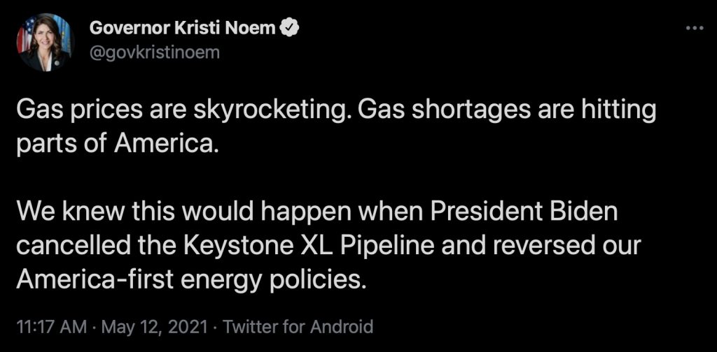 Governor Kristi Noem, hard at work tweeting bad policy analysis from her official account, 2021.05.12.