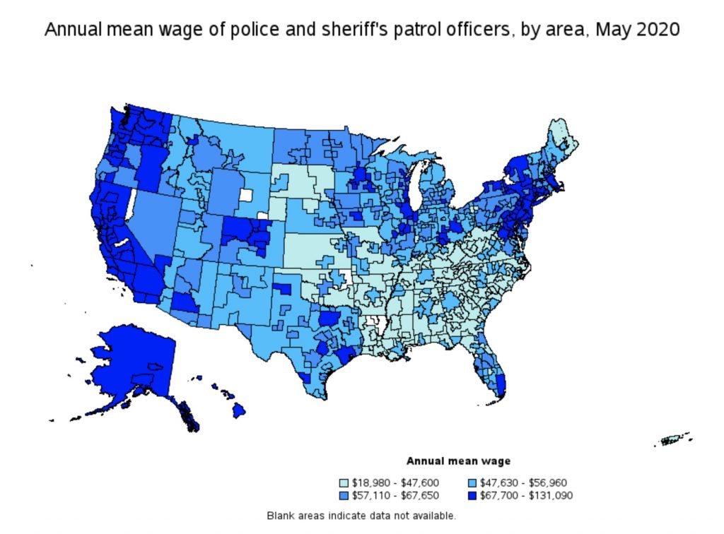 Bureau of Labor Statistics, Annual Mean Wage of Police and Sheriff's Patrol Officers, by Area, May 2020.