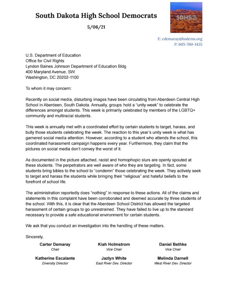 South Dakota High School Democrats, letter to USDOE Office of Civil Rights, 2021.05.06.