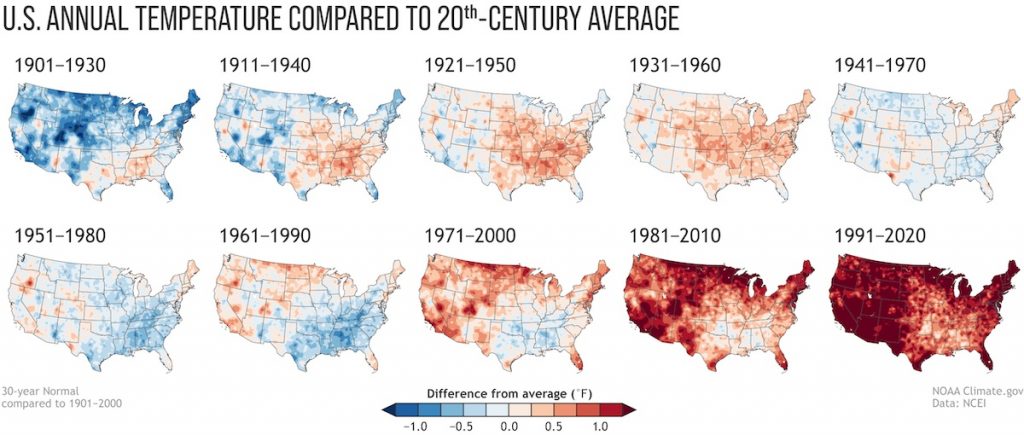 Rebecca Lindsey, U.S. Annual Temperature Compared to 20th-Century Average, "Climate Change and the 1991–2020 U.S. Climate Normals," NOAA, 2021.04.19.
