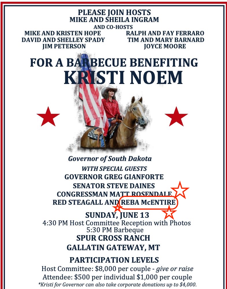 Kristi Noem Montana fundraiser poster falsely listing Reba McEntire as special guest (highlight and stars around McEntire added by DFP), posted by Steve Sanchez to Twitter 2021.06.10.