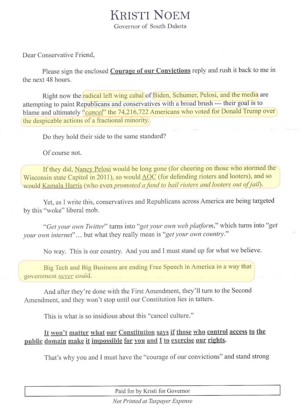 Noem fundraising letter, June 2021, p.1, annotated by DFP.