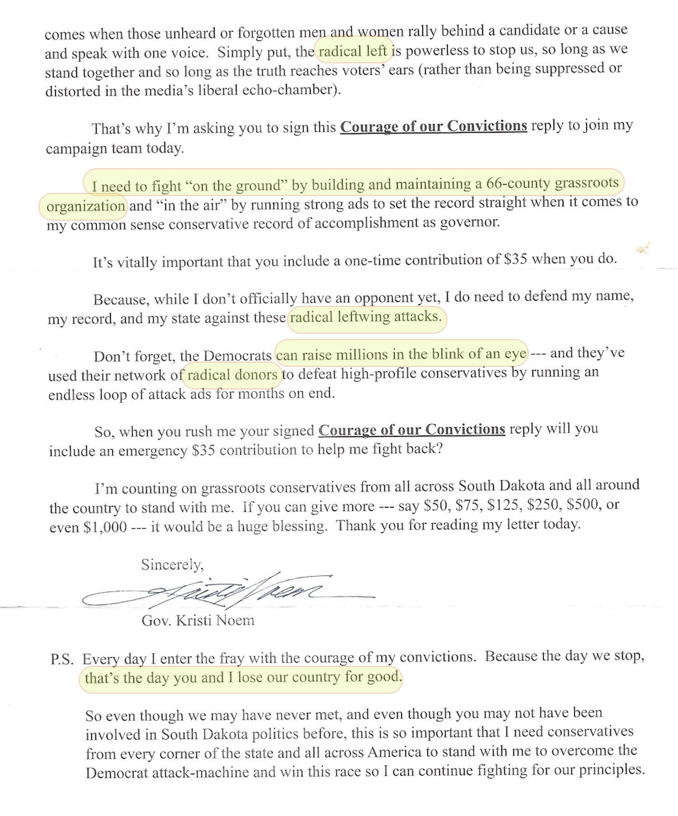 Noem fundraising letter June 2021, p.4, annotated by DFP.