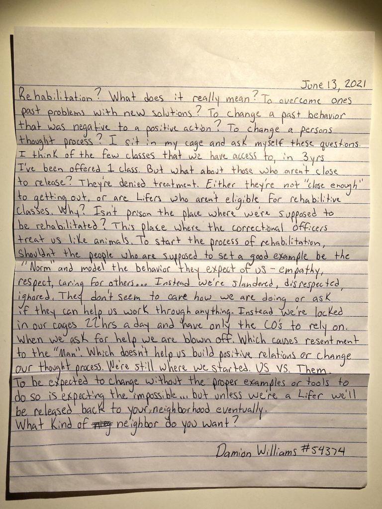 Damion Williams, inmate #54374, letter from South Dakota State Penitentiary, 2021.06.13, received by DFP 2021.06.17.