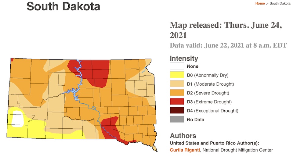 UNL Drought Monitor, South Dakota map, conditions as of 2021.06.22.