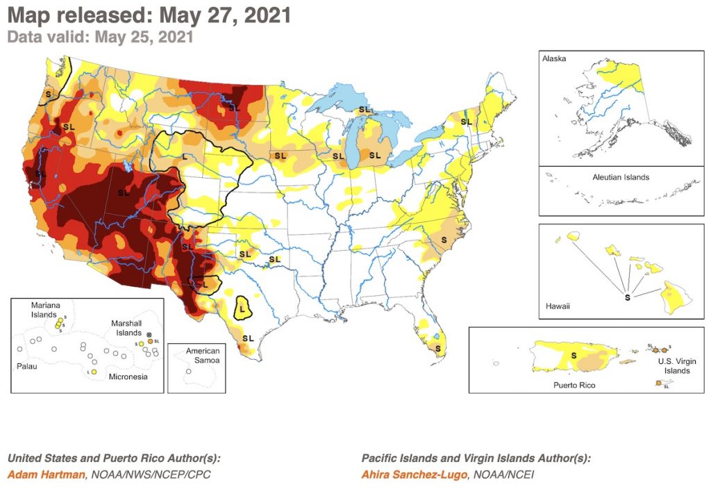 University of Nebraska–Lincoln, U.S. Drought Monitor, data valid 2021.05.25, retrieved 2021.06.02.
