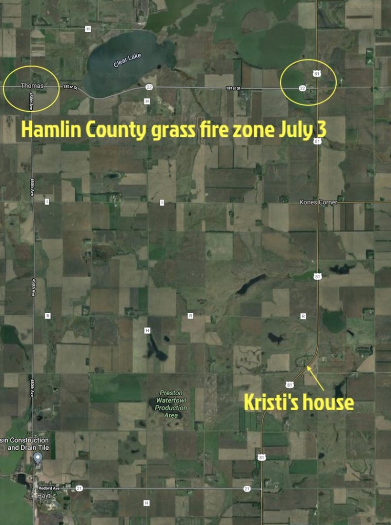 Map of July 3 fire area, Hamlin County, Google Map annotated by DFP, 2021.07.04.