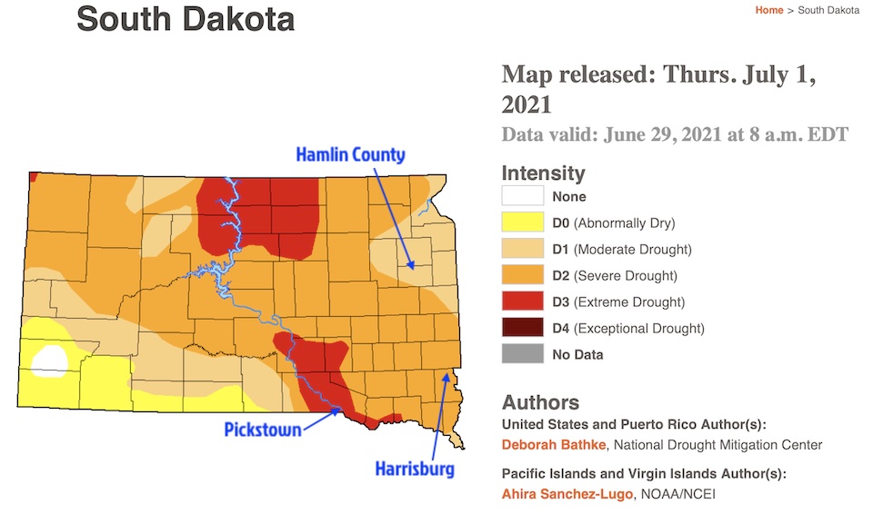 UNL Drought Monitor Map for South Dakota, conditions as of June 29, 2021, released 2021.07.01.