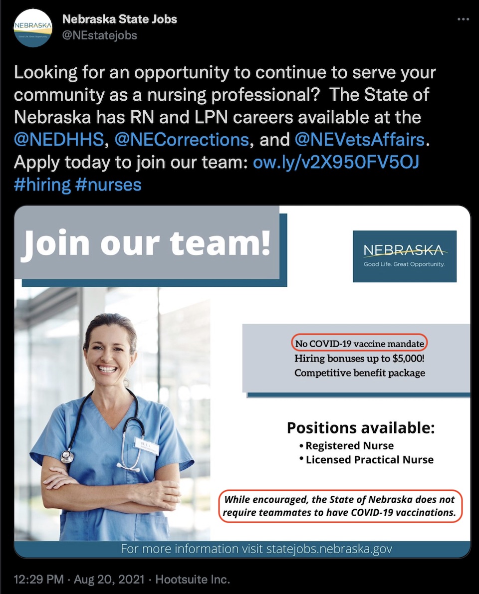 Nebraska State jobs, nurse recruiting tweet, 2021.08.20.