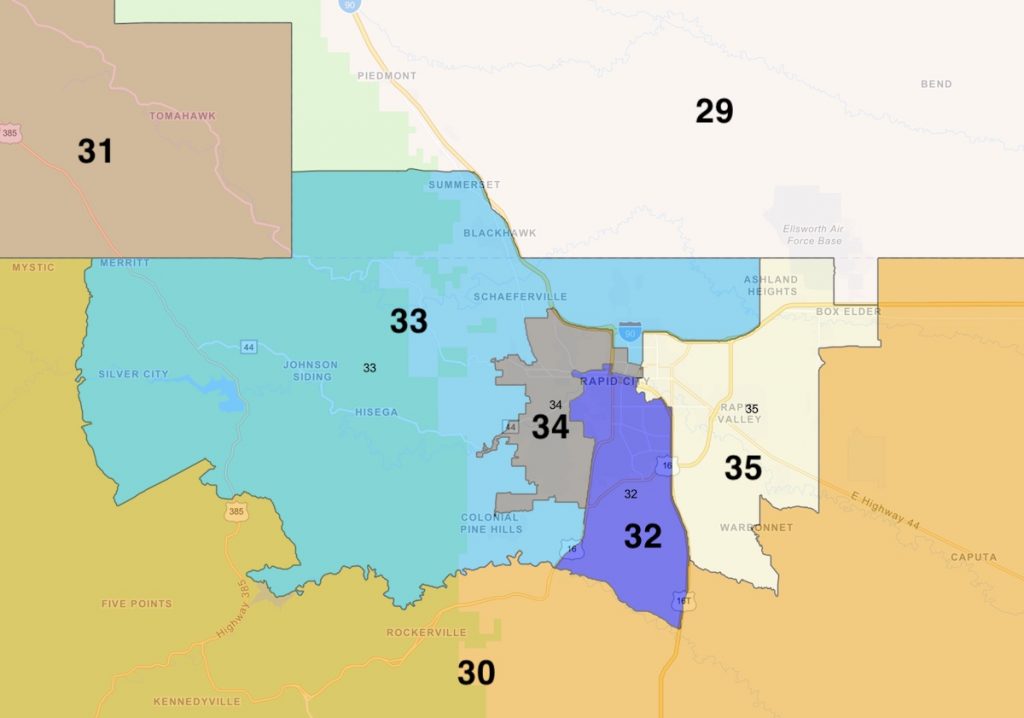 South Dakota Legislative Districts in and around Rapid City, drawn 2011, implemented 2012–2020. Screen Cap from https://sdlegislature.gov/Legislators/Find