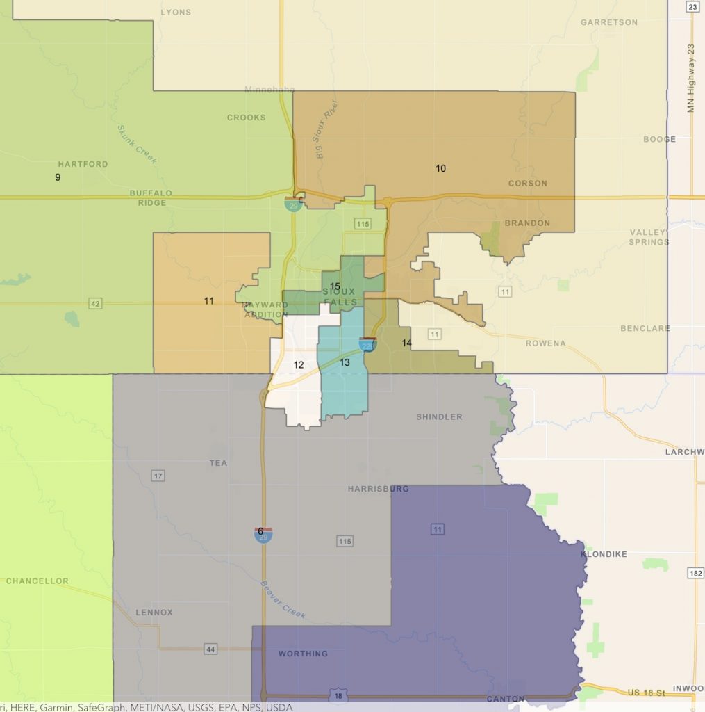 South Dakota Legislative Districts in and around Sioux Falls, drawn 2011, implemented 2012–2020. Screen Cap from https://sdlegislature.gov/Legislators/Find