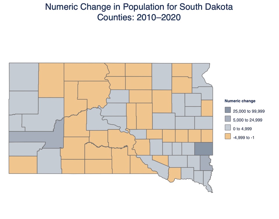 "Numeric Change in Population for South Dakota Counties: 2010–2020," United States Census Bureau, 2021.08.12.