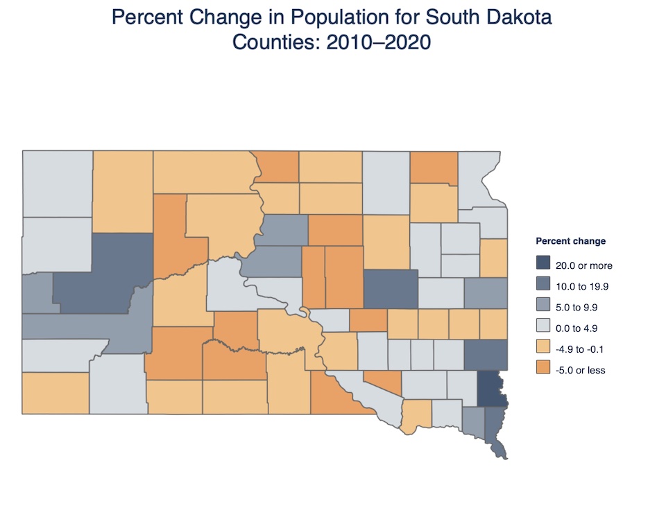 "Percent Change in Population for South Dakota Counties: 2010–2020," United States Census Bureau, 2021.08.12.