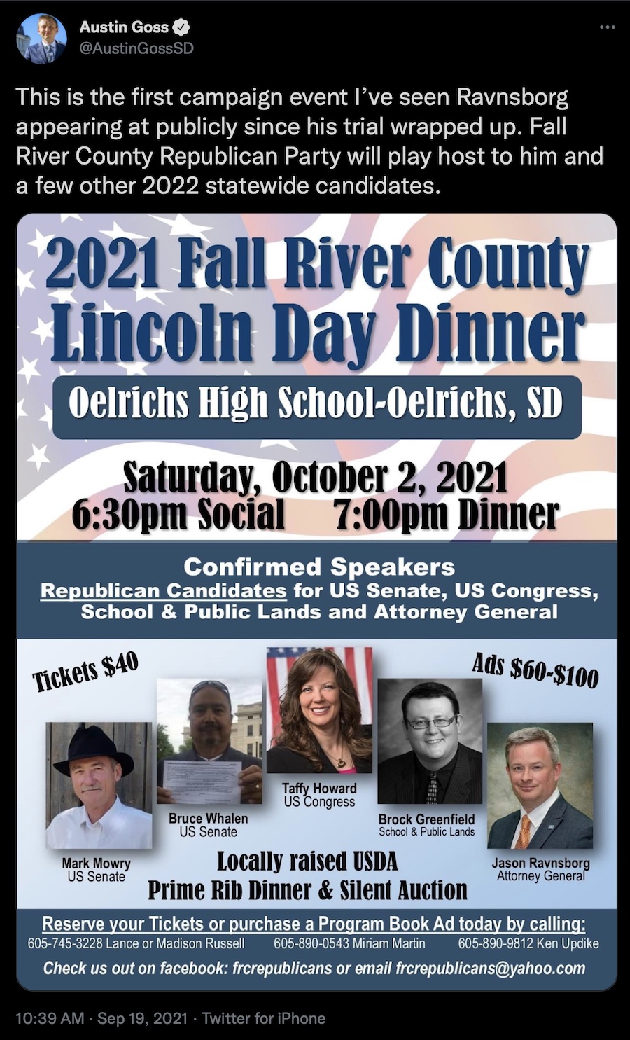 Austin Goss, tweet of Fall River GOP fundraiser flyer, 2021.09.19.