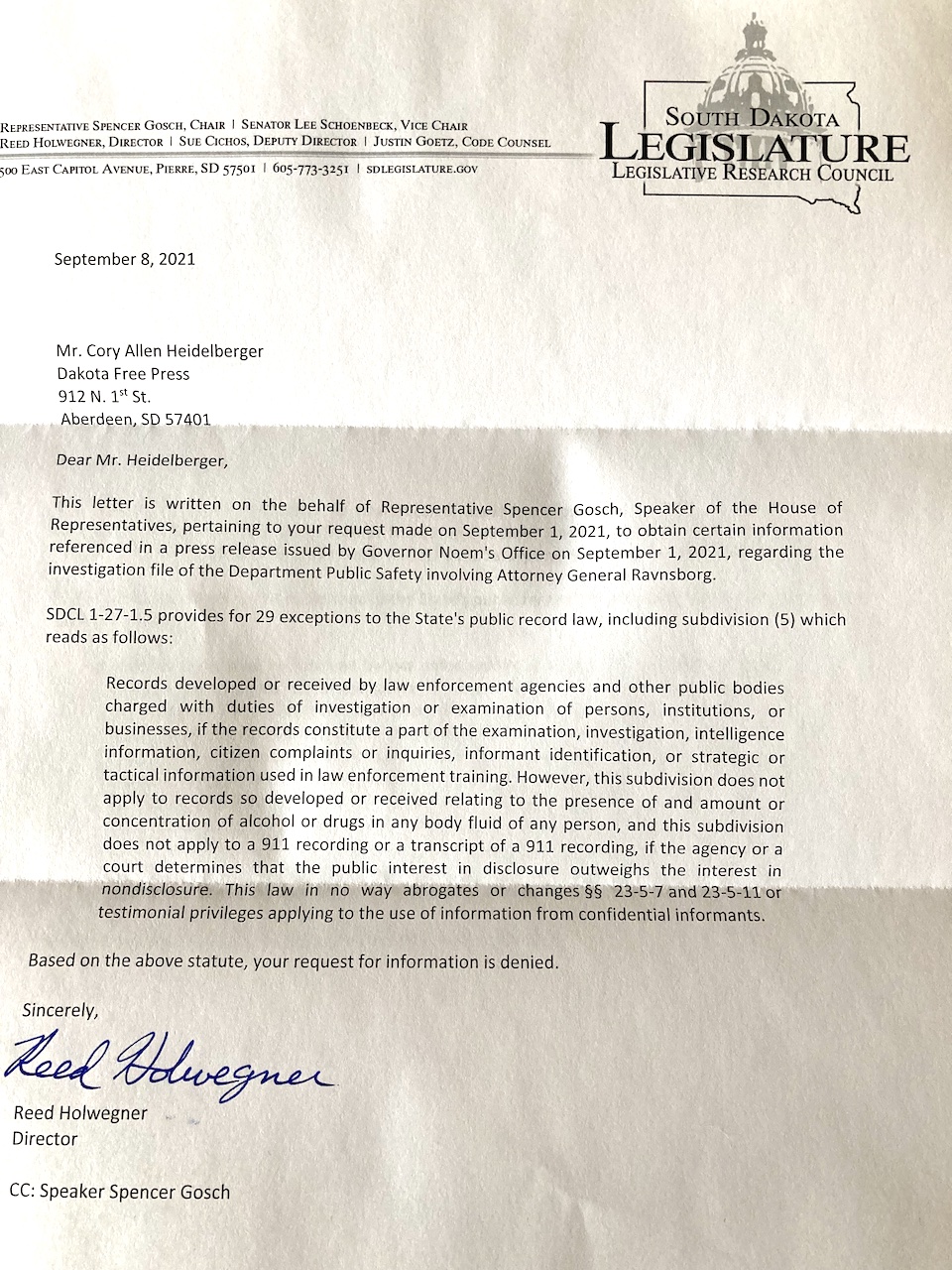 Reed Holwegner, director, Legislative Research Council, letter to CA Heidelberger/Dakota Free Press, 2021.09.08, received 2021.09.10.