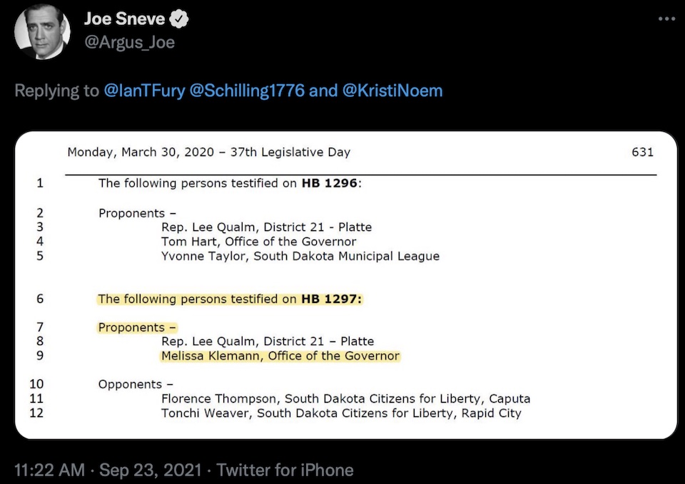 Joe Sneve, tweet of SD House Journal from March 30, 2020; 2021.09.23.
