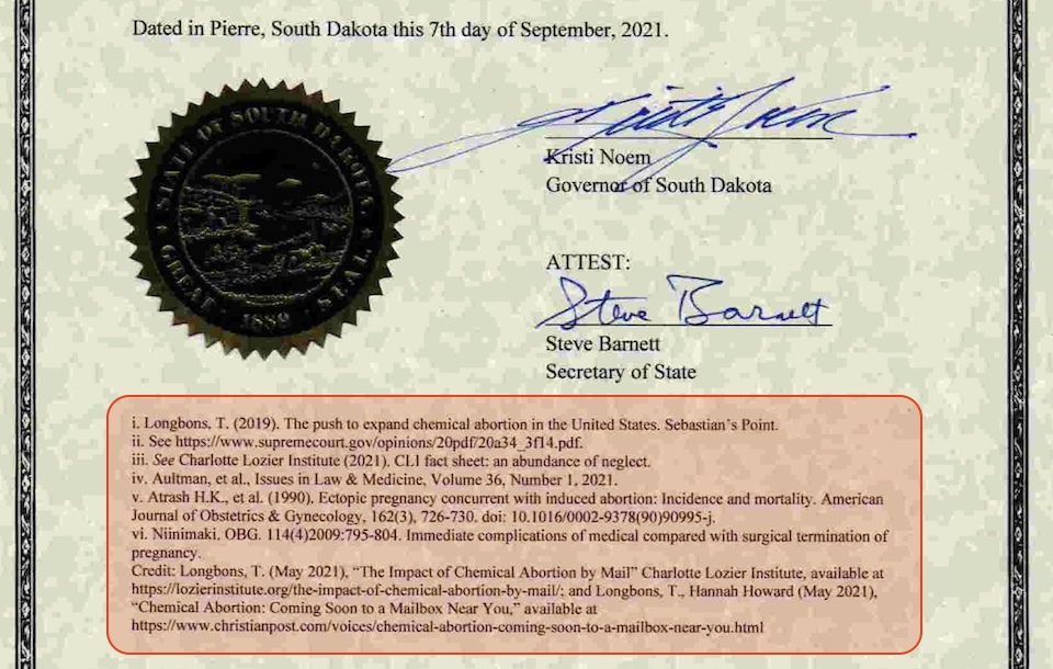 Gov. Kristi Noem, Executive Order2021.09.07, signatures and cited sources, 2021.09.07; citations highlighted by DFP.