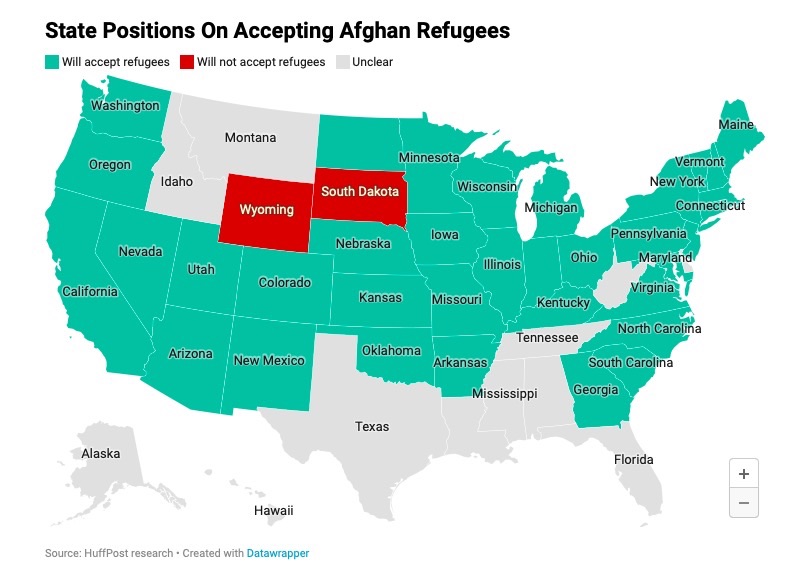 Amanda Terkel and Kevin Robillard, "Only 2 Governors Are So Far Refusing to Take in Afghan Refugees," Huffington Post, 2021.08.31.