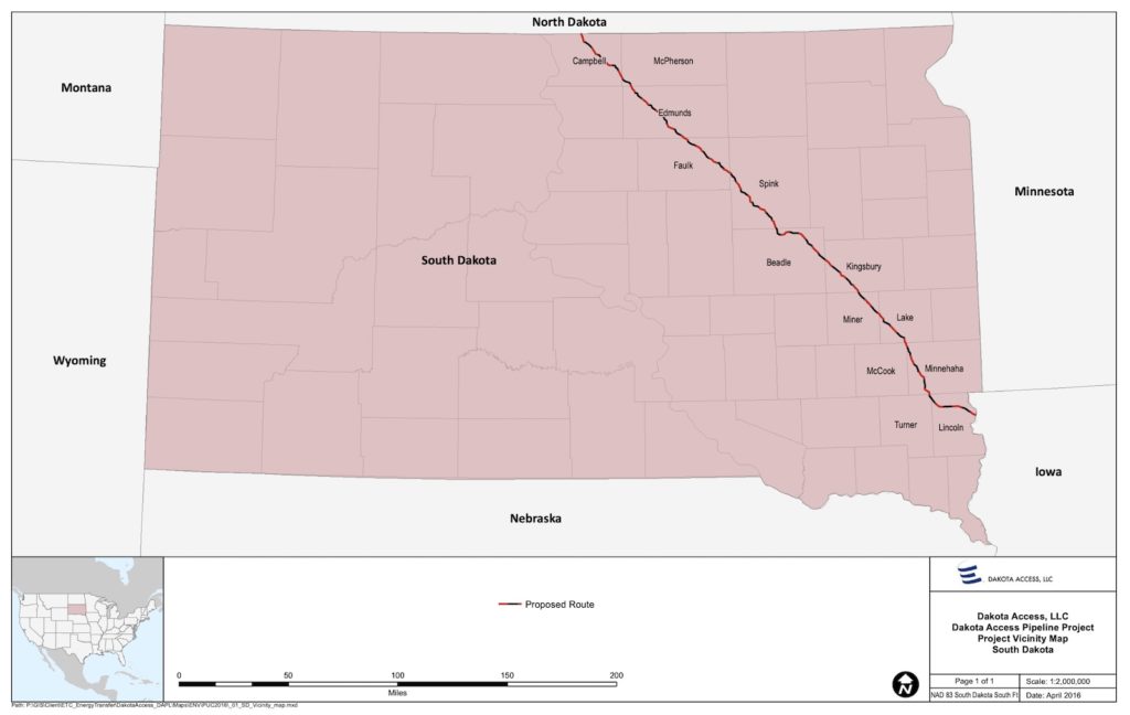 Dakota Access pipeline route in South Dakota, April 2016; submitted by Dakota Access to SD Public Utilities Commission 2016.04.11.