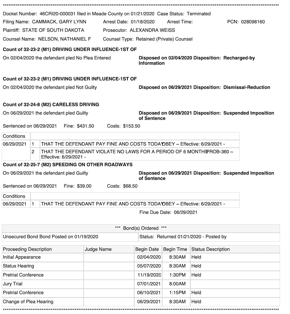 South Dakota Unified Justice System, record search report for Gary Lynn Cammack showing most recent court activity, obtained by DFP 2021.10.04.