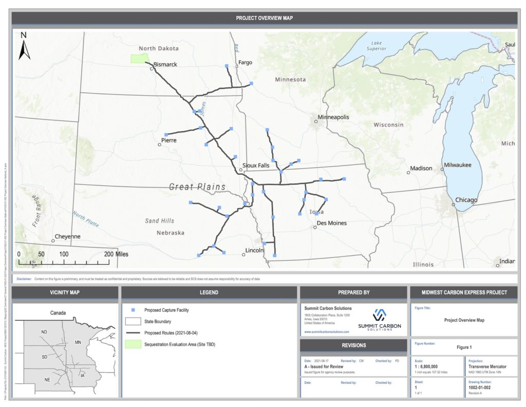 Summit Carbon Solutions, Midwest Carbon Express project overview map, posted by Arielle Zionts, "Iowa Company Holds Meetings on Proposed South Dakota Carbon Capture Pipelines," SDPB Radio, 2021.10.26