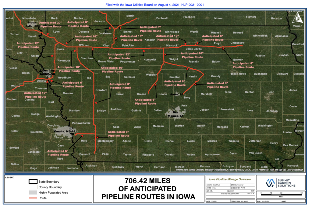 Summit Carbon Solutions, "706.42 Miles of Anticipated Pipeline Routes in Iowa," filed with the Iowa Utilities Board 2021.08.04.