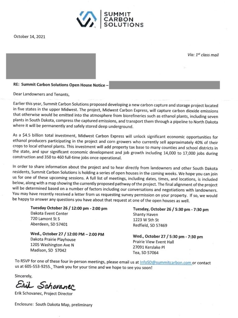 Eric Schovanec, Midwest Carbon Express pipeline project director, letter to South Dakota landowners, Summit Carbon Solutions, 2021.10.14.