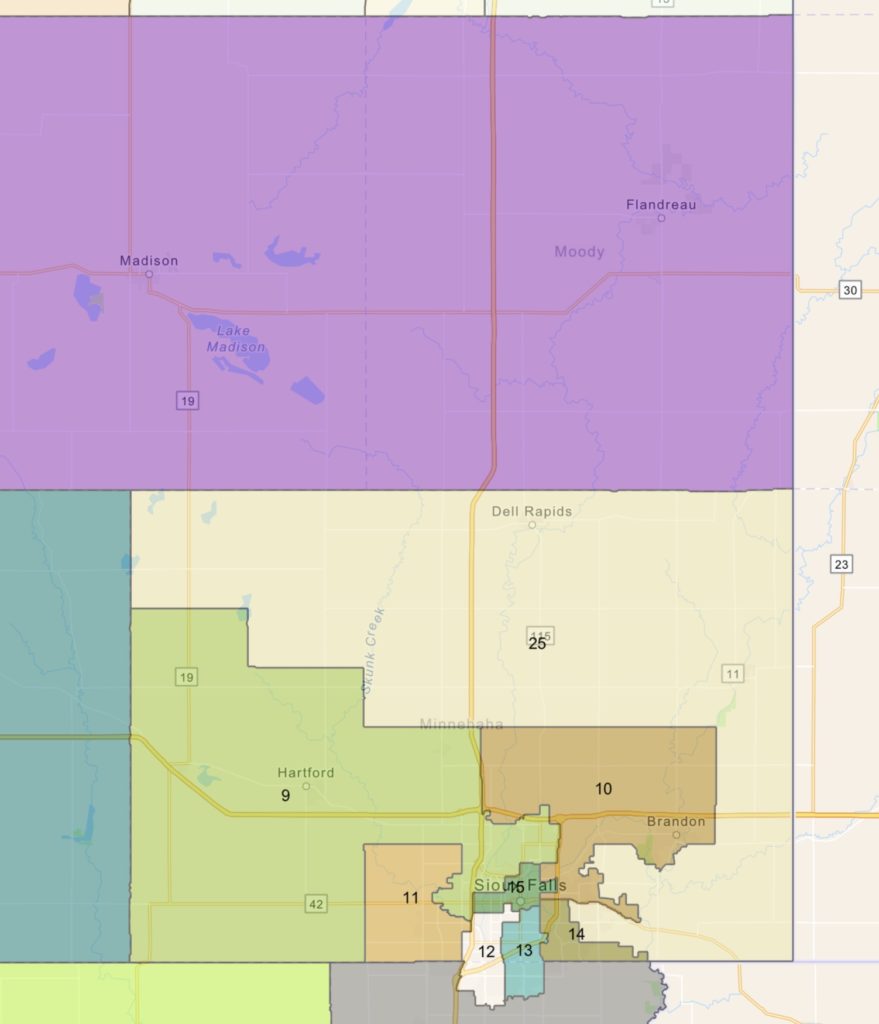 District 25, 2011–2021: yellow portions of Minnehaha County.