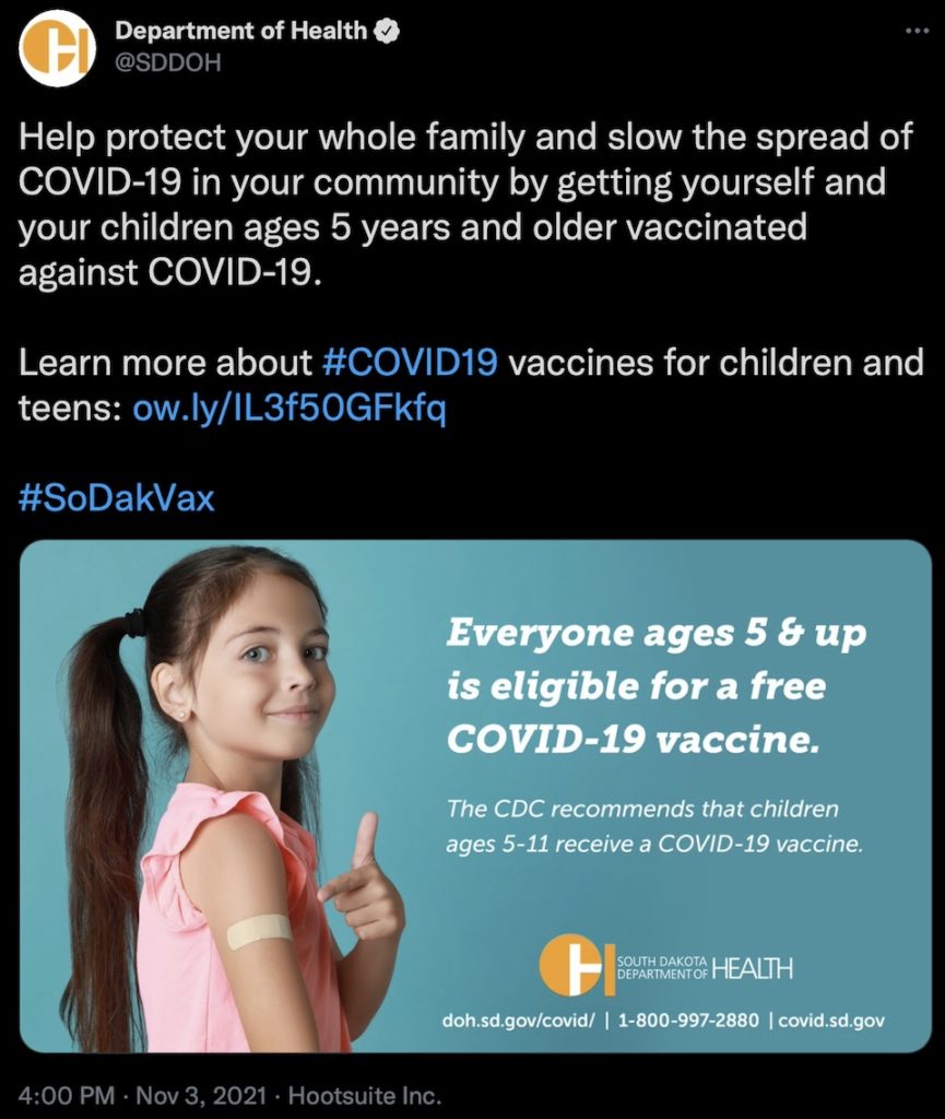 South Dakota Department of Health, tweet promoting covid-19 vaccine for kids, 2021.11.03.