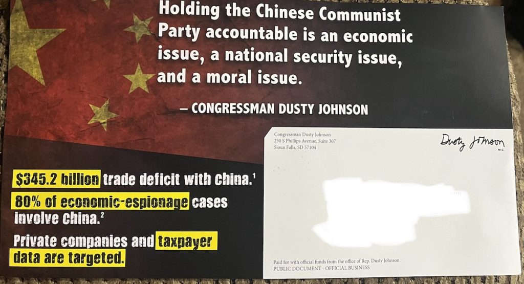 Rep. Dusty Johnson, postcard, forwarded to DFP 2021.11.04.