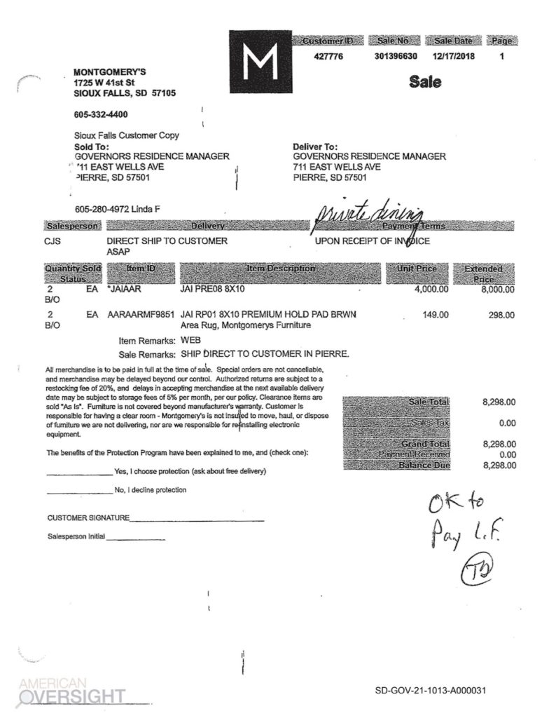Montgomery's Furniture, sale record for two $4,000 Indian rugs and two rug pads for Governor's mansion for incoming Kristi Noem, issued 2018.12.17; obtained by American Oversight, published 2021.10.08.