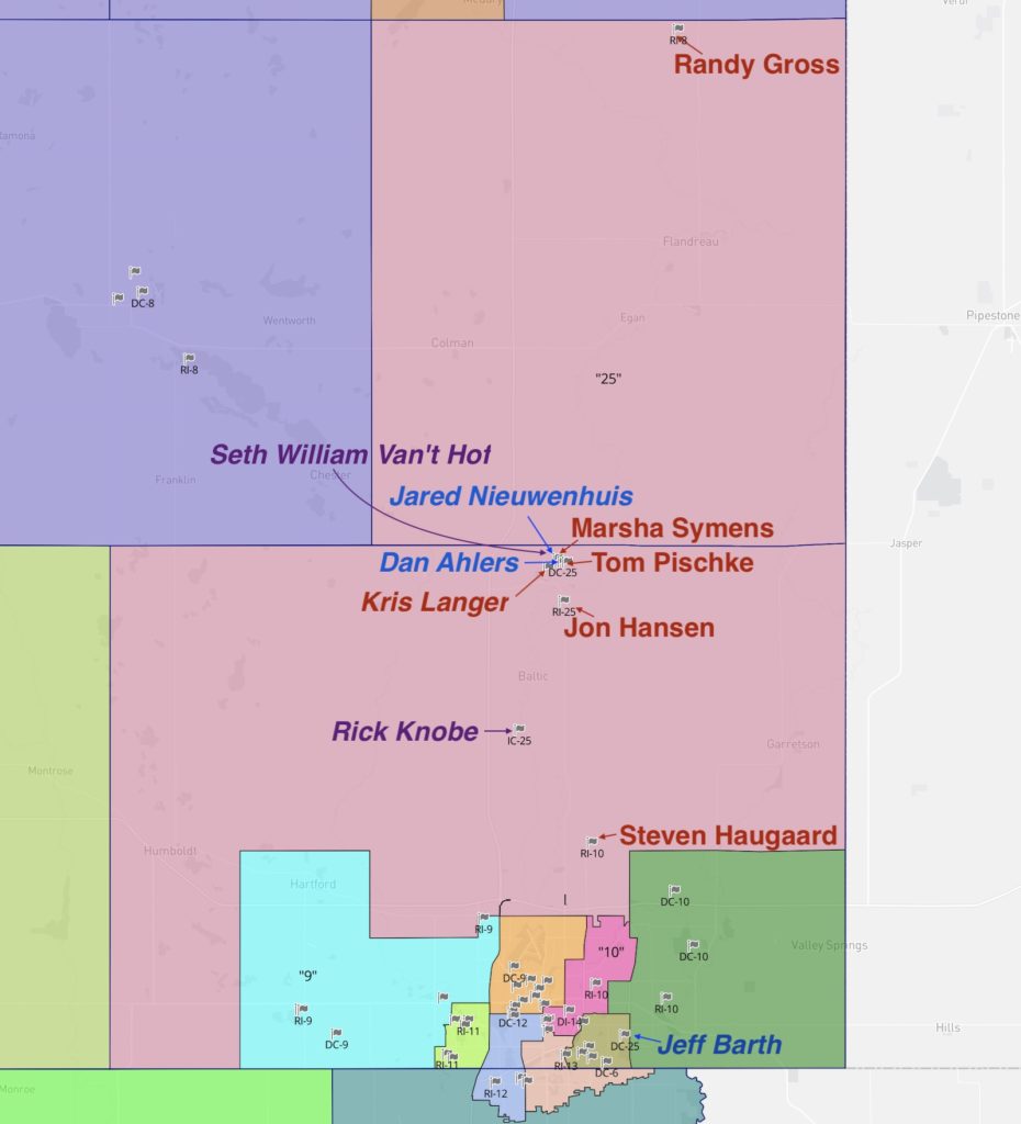 New District 25 in pink, approved by South Dakota Legislature 2021.11.10. Red bold = Republican incumbents. Red italics = former GOP legislator. Blue = Democrats. Purple = independents.