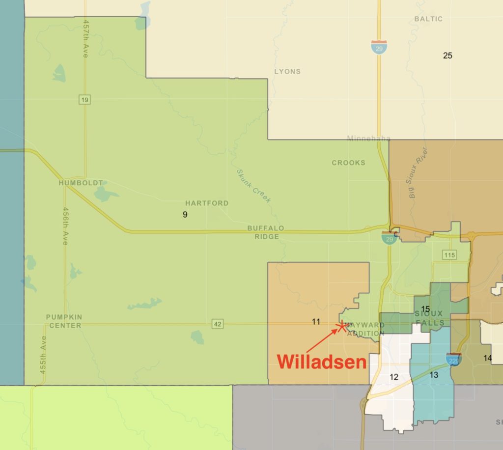 Old Legislative Districts, showing Rep. Mark Willadsen's residence in old District 11.