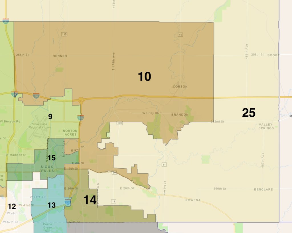 Old Legislative Districts for southeastern Minnehaha County, 2012–2020 elections.