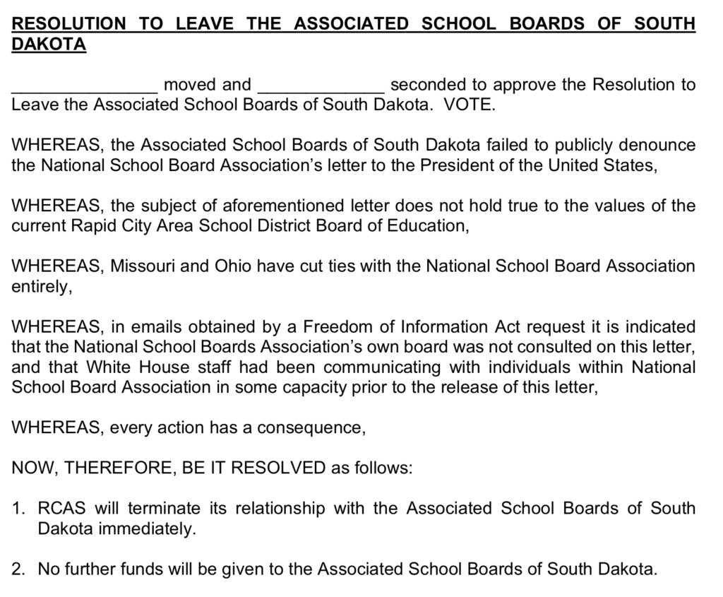 Rapid City School Board, resolution calling for withdrawal from ASBSD, in agenda packet, 2021.11.02.